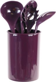 6 Piece Kitchen Utensil Holder for kitchen counter, Utensils crock with Heat Resistant Spoon, Slotted Spoon, Ladle, Spatula BPA Free, Plum
