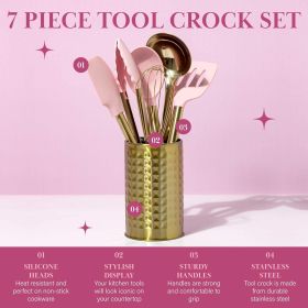 Kitchen Set Tool Crock with Silicone Cooking Utensils, Stainless Steel Whisk and Ladle, 7-Piece, Pink and Gold