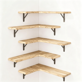 Corner Floating Shelves Set of 5, Matte Wood Finish Corner Wall Shelves with Triangle Iron Brackets, Rustic Wood Display Shelf for Bedroom, Bathr