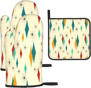 Mid Century Modern Oven Mitts and Pot Holders Set Heat Resistant Non Slip Set of 3 Retro Decor Kitchen Gloves Hot Pads for Cooking BBQ Baking Gri