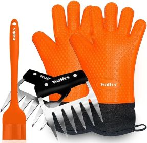 Silicone BBQ Gloves - Heat Resistant Grilling Gloves Set with Pork Shredder Claws & Brush
