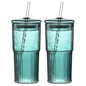 20 Oz 2-pack Green Glass Straw Cup With Vertical Pattern Cup And Lid, High Borosilicate Heat-resistant Glass Cup For Juice, Milk And Cold Drinks (Option: Dark Green)