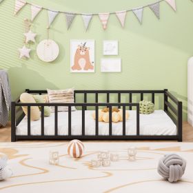 Twin Size Floor Bed, Low Profile Metal Platform with Heavy Duty Guardrails, No Box Spring Needed, Black (Option: Black)