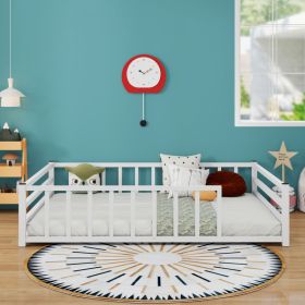 Full Size Floor Bed, Low Profile Metal Platform with Heavy Duty Guardrails, No Box Spring Needed, White (Option: White)