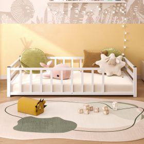 Twin Size Floor Bed, Low Profile Metal Platform with Heavy Duty Guardrails, No Box Spring Needed, White (Option: White)