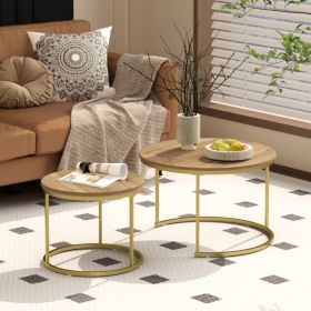 27.6in Nesting Coffee Table Set of 2, Round Coffee Table Wood Marble Pattern Top with Sturdy Metal Frame, End Table Side Tables for Living Room B (Option: Brown+Gold)