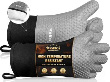 Silicone BBQ Gloves - Heat Resistant Grilling Gloves, Premium Non-Slip Kitchen Silicone Oven Mitt With Protective Cotton Layer Inside, Waterproof (Color: GREY)