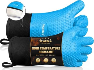 Silicone BBQ Gloves - Heat Resistant Grilling Gloves, Premium Non-Slip Kitchen Silicone Oven Mitt With Protective Cotton Layer Inside, Waterproof (Color: Blue)